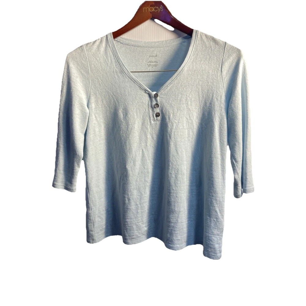 J Jill Pure Jill Sz Xs Hemp Top Light Blue 1/4 Sleeve Tshirt Button V Neck Basic